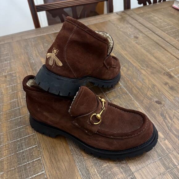 Gucci horsebit ankle boot brown suede shearling lining - Picture 3 of 9